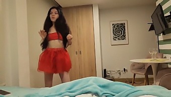 Stunning Lady In Red Skirt Desires Christmas Gift Of Intense Sex